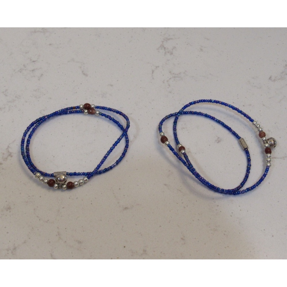 2 Blue Silver Tone Micro Beaded Bracelet OR Necklace Twins Bell Set Bollywood